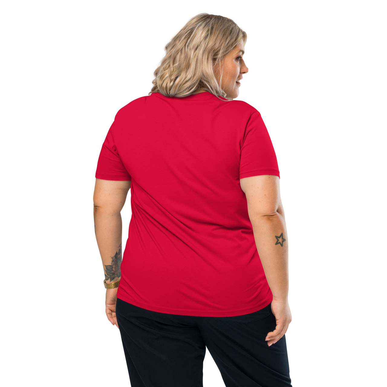 T-shirt en coton bio rouge carmin imprimé “Sfogliatelle” de Paradis Perdus® 6 Le KRUSH workshop boutique T-shirt en coton bio rouge carmin imprimé “Sfogliatelle” de Paradis Perdus® porté par une femme de dos