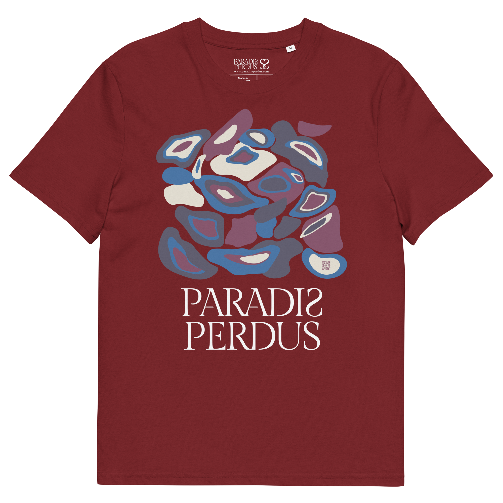 T-shirt en coton bio rouge grenat imprimé "Panscro" de Paradis Perdus® 3 Le KRUSH workshop boutique T-shirt en coton bio rouge grenat imprimé “Panscro” de Paradis Perdus® posé à plat devant
