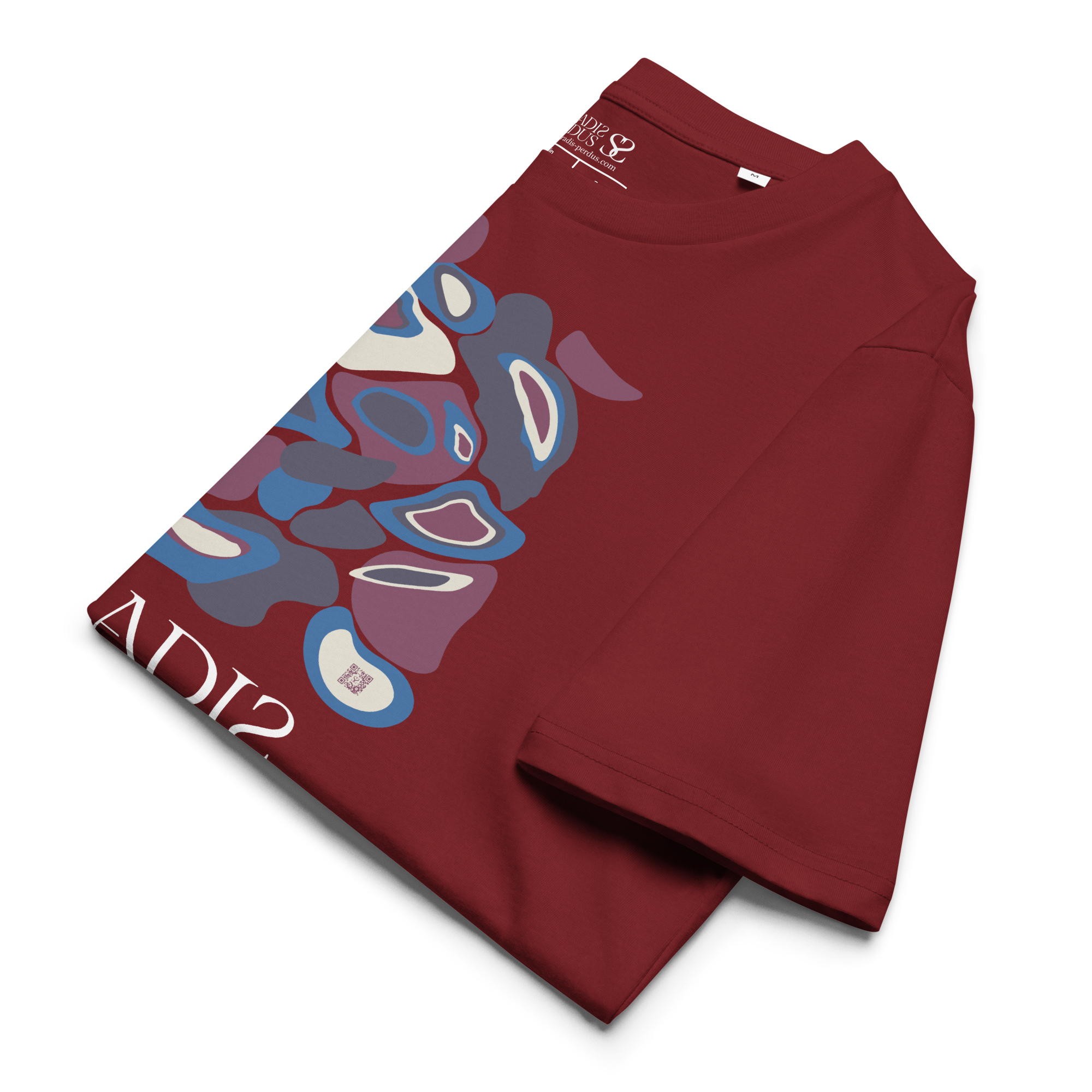 T-shirt en coton bio rouge grenat imprimé "Panscro" de Paradis Perdus® 8 Le KRUSH workshop boutique T-shirt en coton bio rouge grenat imprimé “Panscro” de Paradis Perdus® présenté plié en gros plan