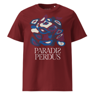 T-shirt en coton bio rouge grenat imprimé “Panscro” de Paradis Perdus® porté de devant