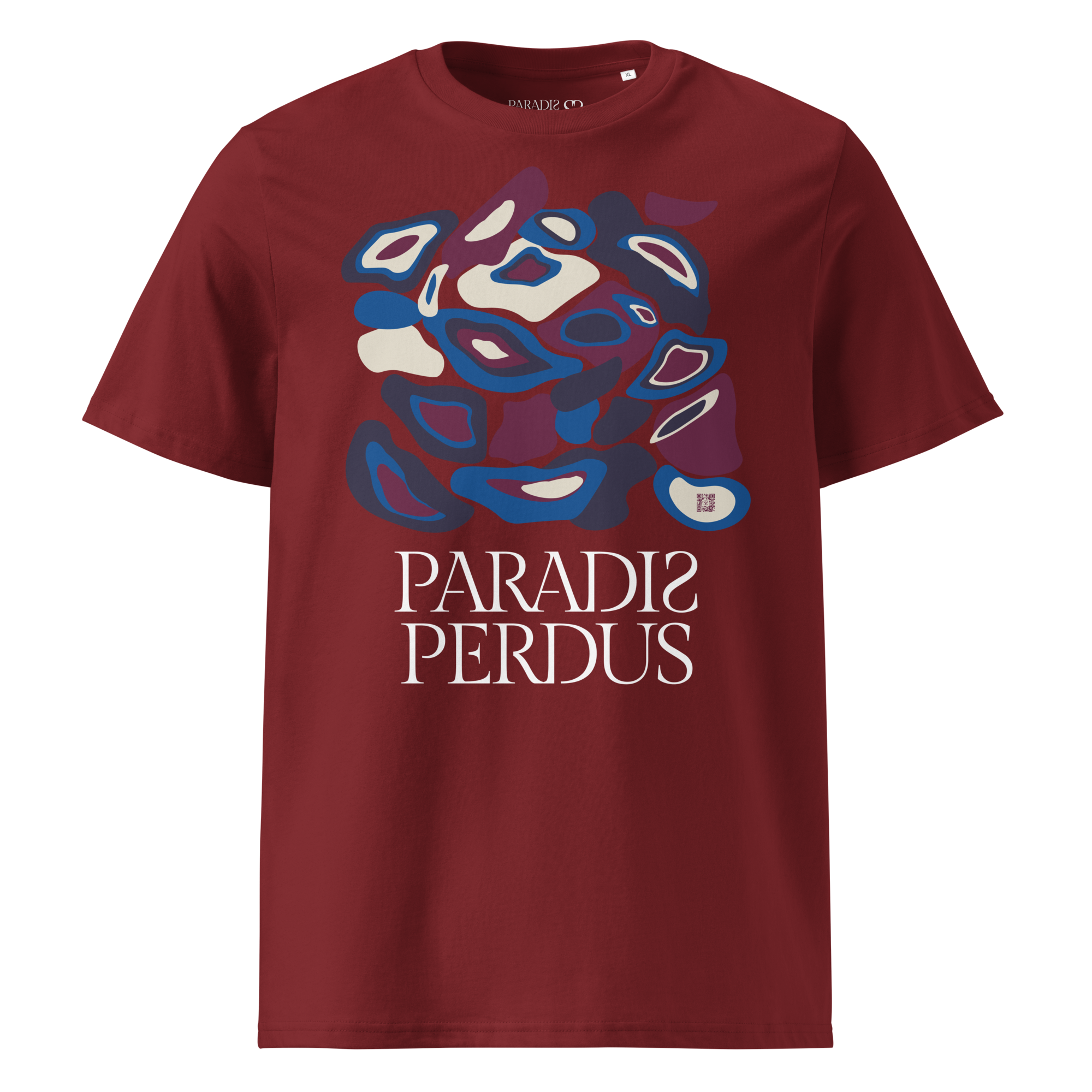 T-shirt en coton bio rouge grenat imprimé "Panscro" de Paradis Perdus® 1 Le KRUSH workshop boutique T-shirt en coton bio rouge grenat imprimé “Panscro” de Paradis Perdus® porté de devant