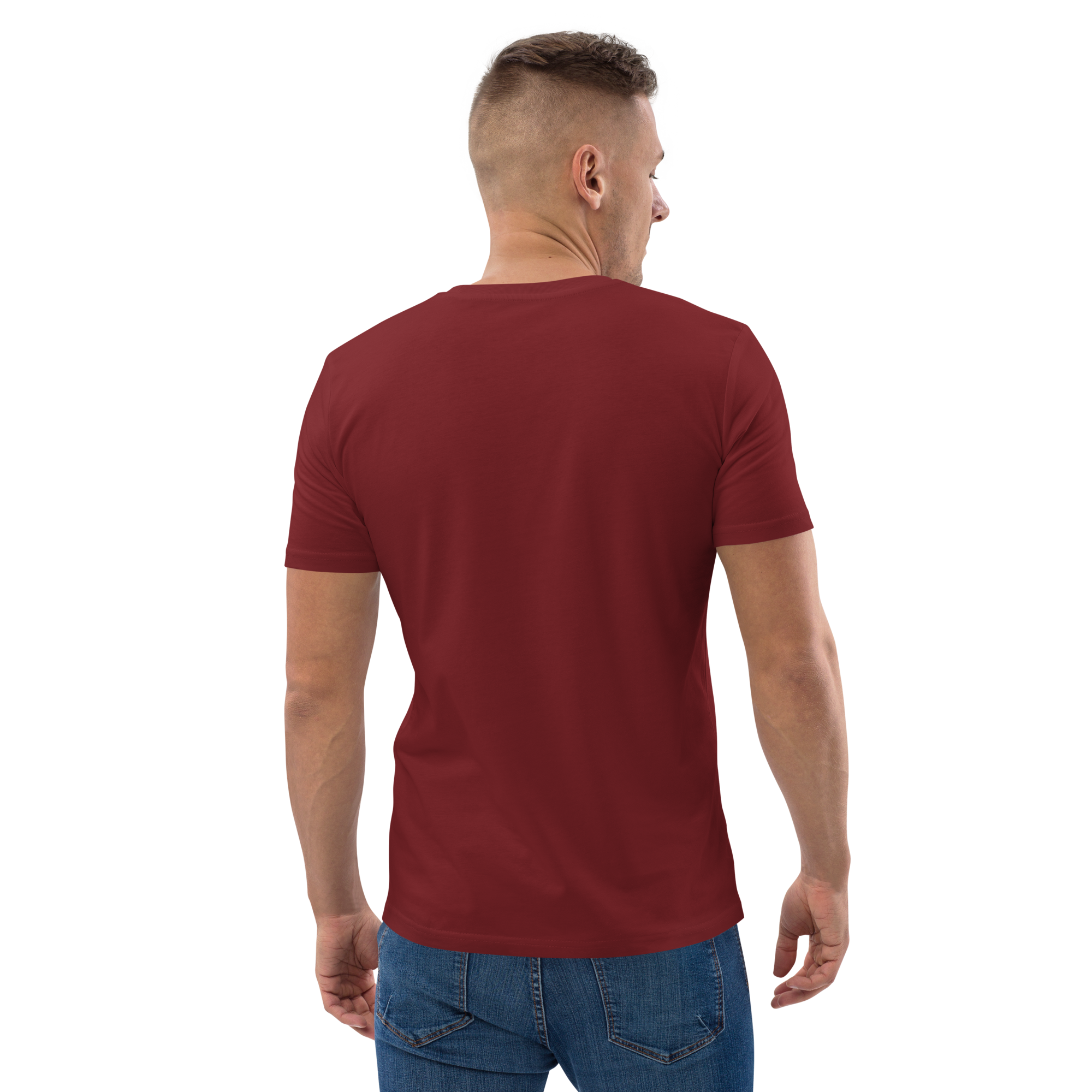 T-shirt en coton bio rouge grenat imprimé "Panscro" de Paradis Perdus® 6 Le KRUSH workshop boutique T-shirt en coton bio rouge grenat imprimé “Panscro” de Paradis Perdus® porté par un homme de dos