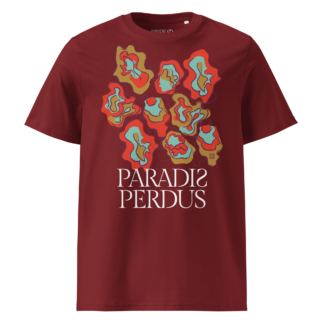 T-shirt en coton bio rouge grenat imprimé “Sfogliatelle” de Paradis Perdus® porté de devant