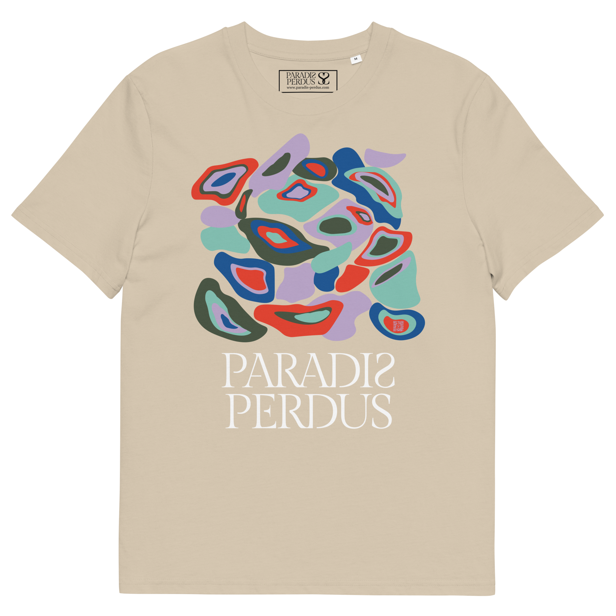 T-shirt en coton bio sable clair imprimé "Panscro" de Paradis Perdus® 3 Le KRUSH workshop boutique T-shirt en coton bio sable clair imprimé “Panscro” de Paradis Perdus® posé à plat devant