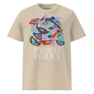 T-shirt en coton bio sable clair imprimé “Panscro” de Paradis Perdus® porté de devant