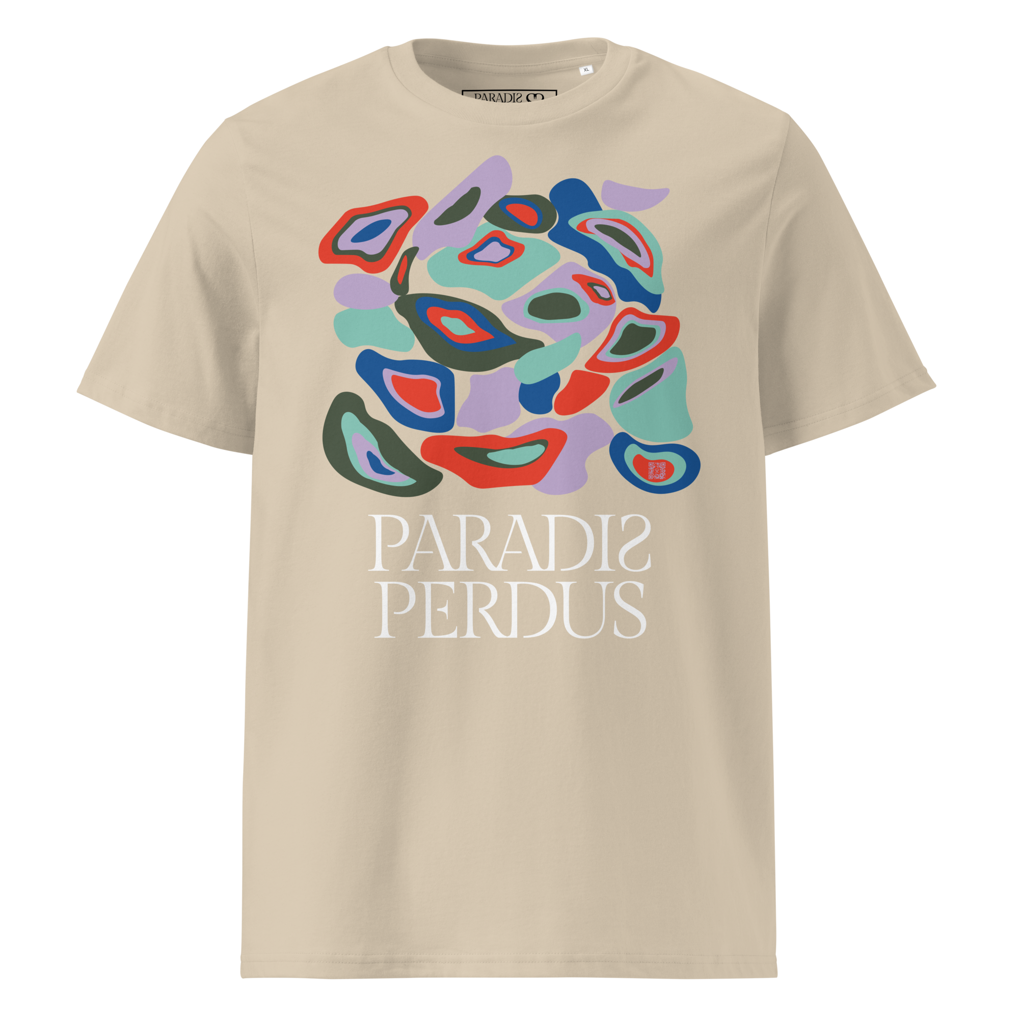 T-shirt en coton bio sable clair imprimé "Panscro" de Paradis Perdus® 1 Le KRUSH workshop boutique T-shirt en coton bio sable clair imprimé “Panscro” de Paradis Perdus® porté de devant