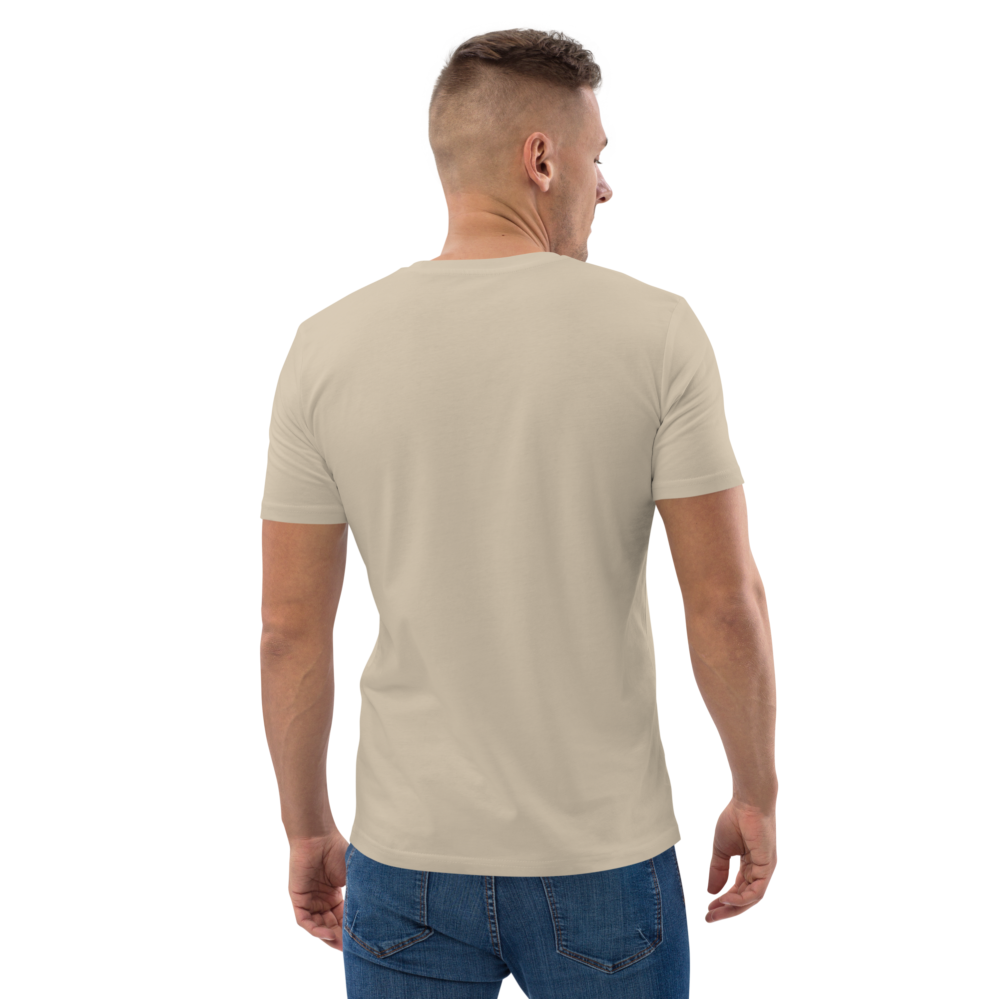 T-shirt en coton bio sable clair imprimé "Panscro" de Paradis Perdus® 6 Le KRUSH workshop boutique T-shirt en coton bio kaki army imprimé “Panscro” de Paradis Perdus® porté par un homme de dos
