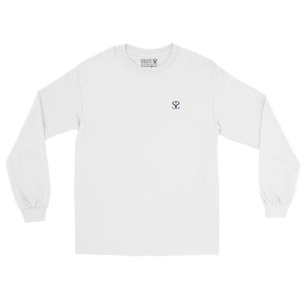 T-shirt manches longues en coton blanc intense brodé monogramme bleu de Paradis Perdus® 3 Le KRUSH workshop boutique T-shirt manches longues en coton blanc intense brodé du monogramme bleu marine de Paradis Perdus® posé à plat devant
