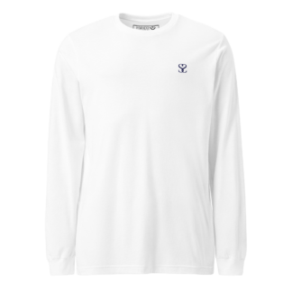 T-shirt manches longues en coton blanc intense brodé du monogramme bleu marine de Paradis Perdus® porté de devant