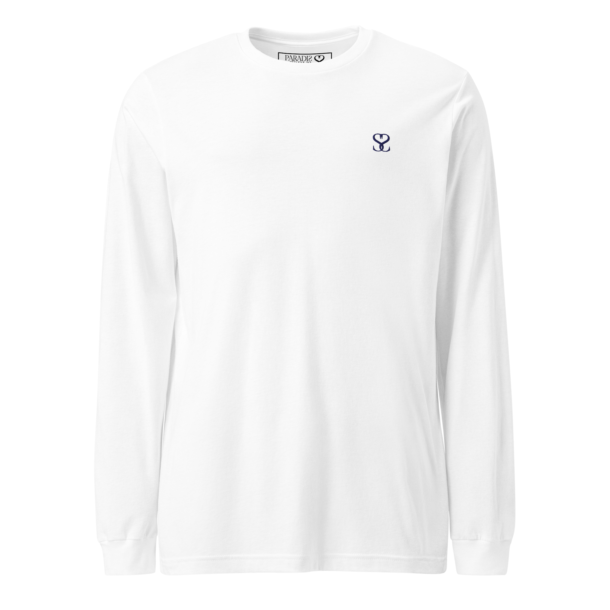 T-shirt manches longues en coton blanc intense brodé monogramme bleu de Paradis Perdus® 1 Le KRUSH workshop boutique T-shirt manches longues en coton blanc intense brodé du monogramme bleu marine de Paradis Perdus® porté de devant