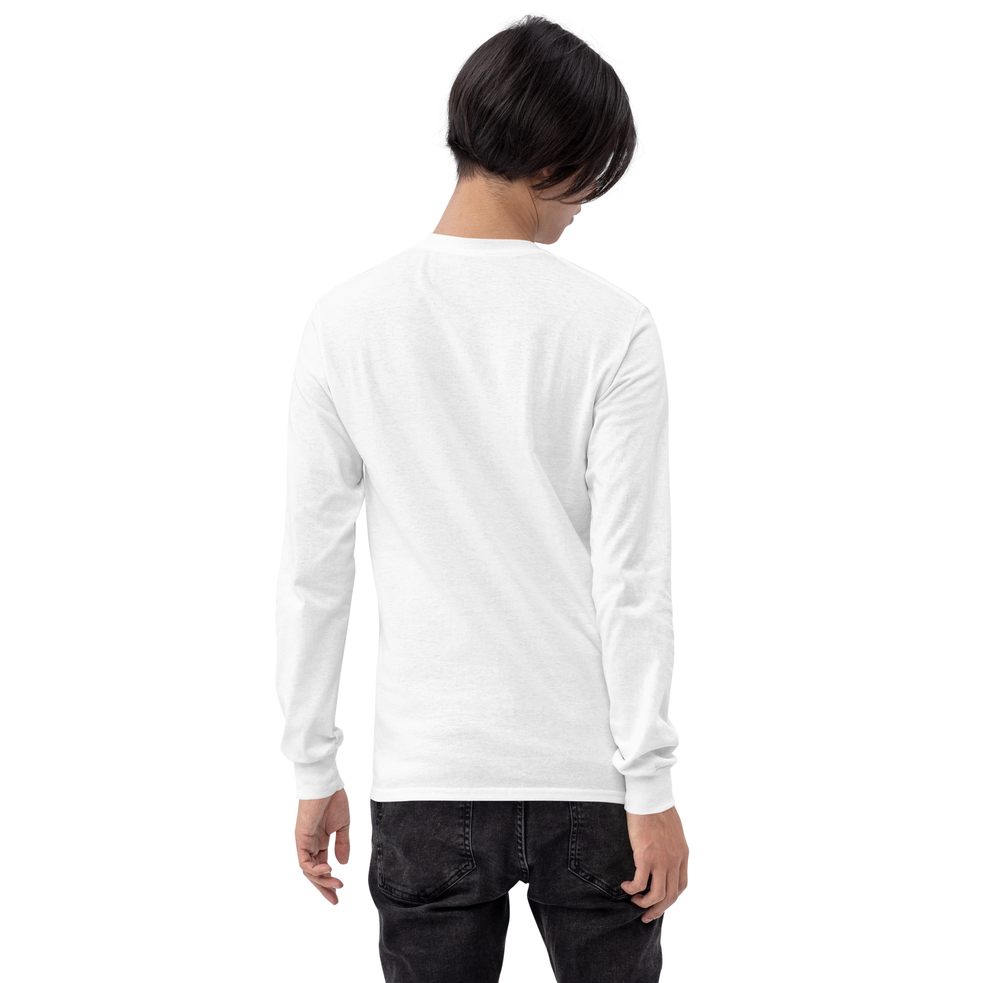 T-shirt manches longues en coton blanc intense brodé monogramme bleu de Paradis Perdus® 6 Le KRUSH workshop boutique T-shirt manches longues en coton blanc intense brodé du monogramme bleu marine de Paradis Perdus® porté par un homme de dos