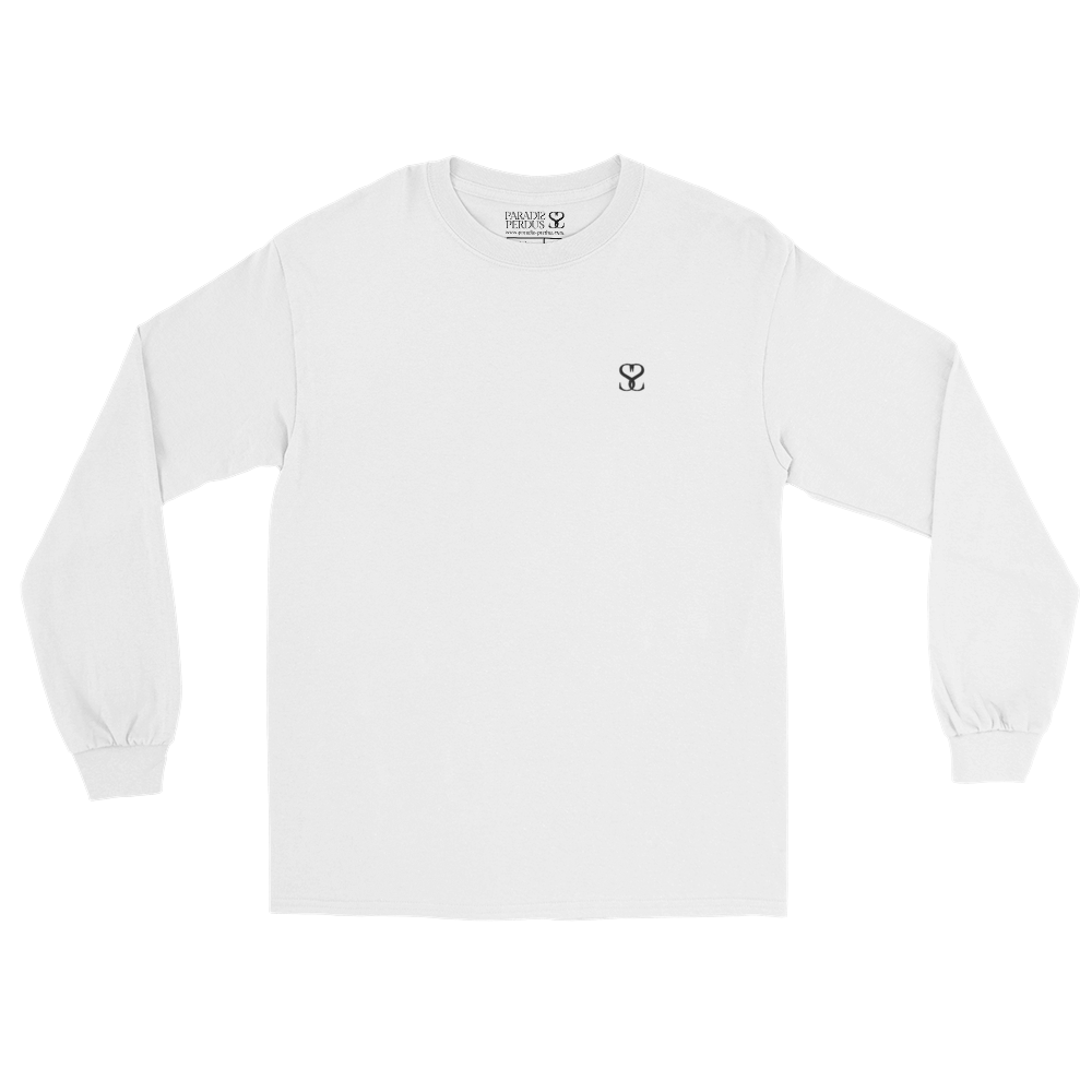 T-shirt manches longues en coton blanc intense brodé monogramme noir de Paradis Perdus® 3 Le KRUSH workshop boutique T-shirt manches longues en coton blanc intense brodé du monogramme noir profond de Paradis Perdus® posé à plat devant