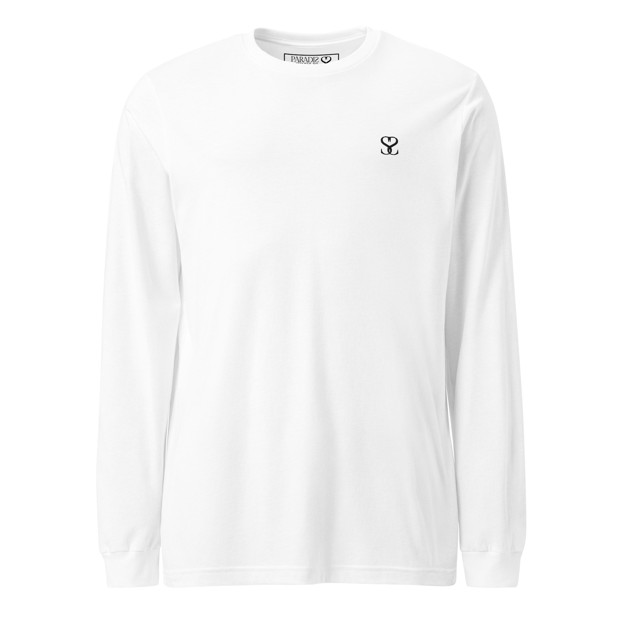 T-shirt manches longues en coton blanc intense brodé monogramme noir de Paradis Perdus® 1 Le KRUSH workshop boutique T-shirt manches longues en coton blanc intense brodé du monogramme noir profond de Paradis Perdus® porté de devant