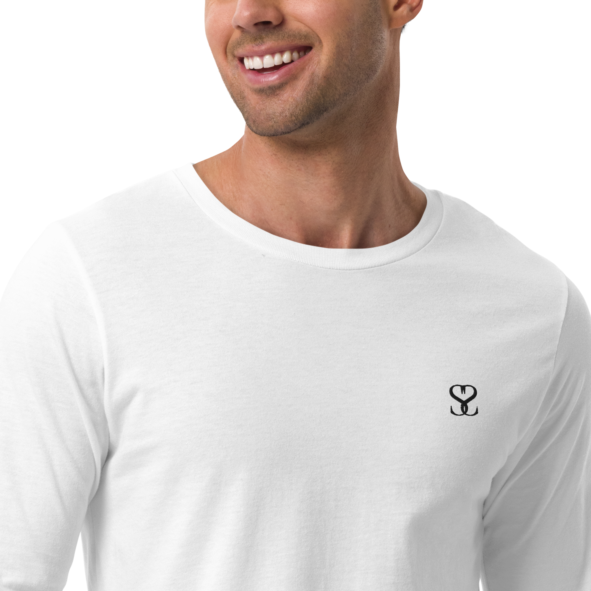 T-shirt manches longues en coton blanc intense brodé monogramme noir de Paradis Perdus® 7 Le KRUSH workshop boutique T-shirt manches longues en coton blanc intense brodé du monogramme noir profond de Paradis Perdus® porté par un homme de profil