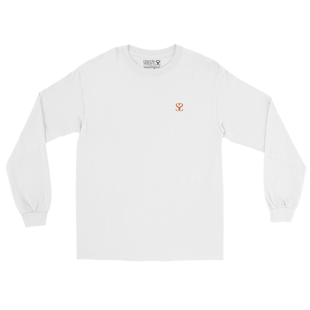 T-shirt manches longues en coton blanc intense brodé monogramme orange de Paradis Perdus® 3 Le KRUSH workshop boutique T-shirt manches longues en coton blanc intense brodé du monogramme orange corail de Paradis Perdus® posé à plat devant