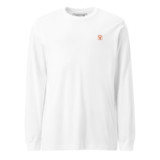 T-shirt manches longues en coton blanc intense brodé du monogramme orange corail de Paradis Perdus® porté de devant