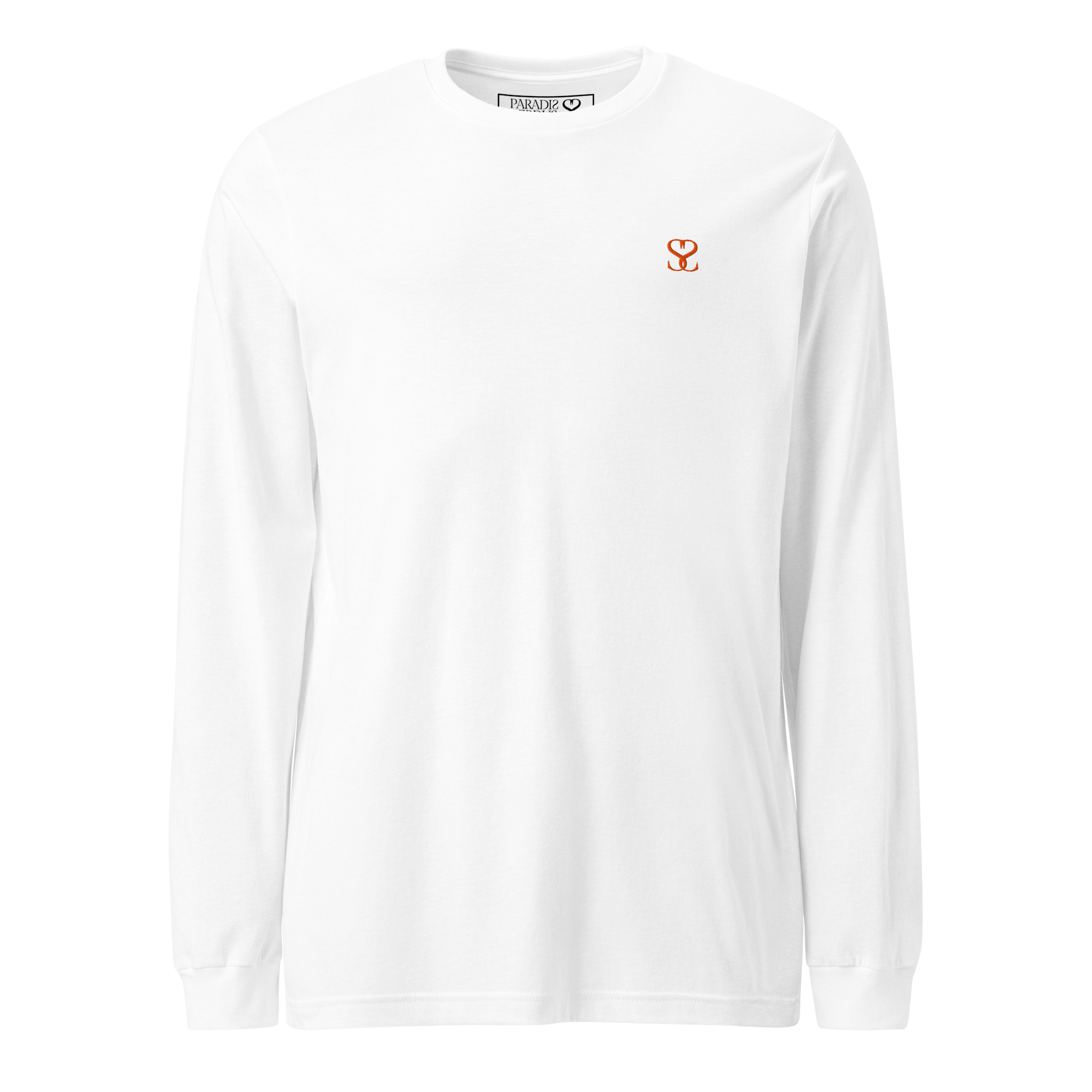 T-shirt manches longues en coton blanc intense brodé monogramme orange de Paradis Perdus® 1 Le KRUSH workshop boutique T-shirt manches longues en coton blanc intense brodé du monogramme orange corail de Paradis Perdus® porté de devant