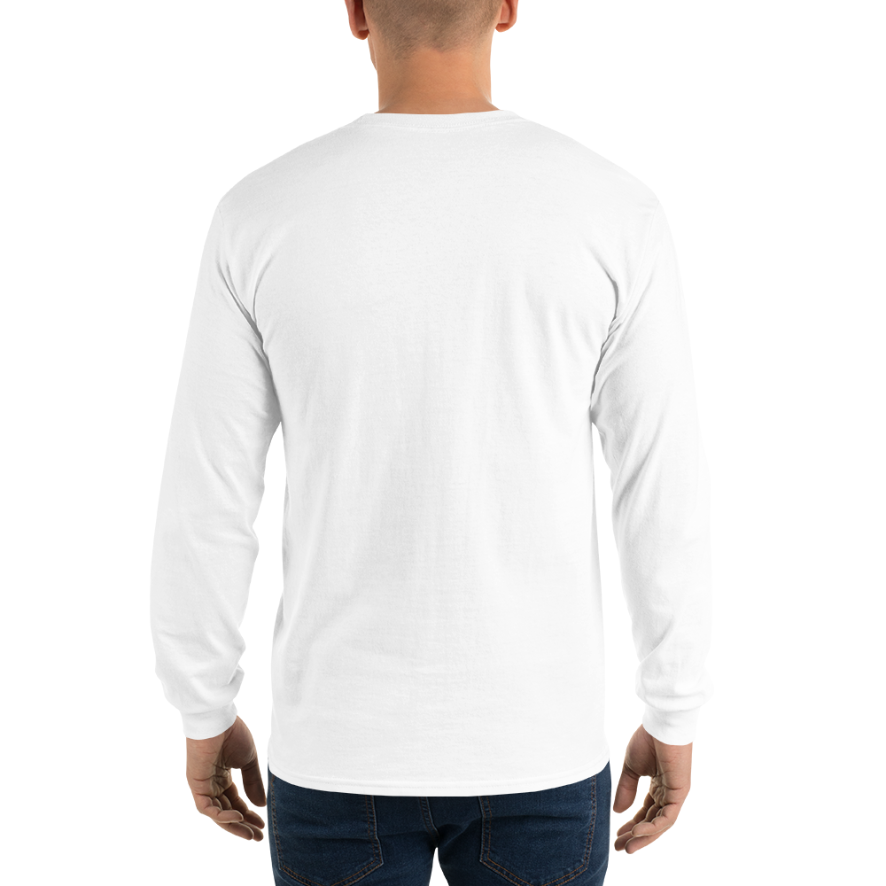 T-shirt manches longues en coton blanc intense brodé monogramme orange de Paradis Perdus® 6 Le KRUSH workshop boutique T-shirt manches longues en coton blanc intense brodé du monogramme orange corail de Paradis Perdus® porté par un homme de dos