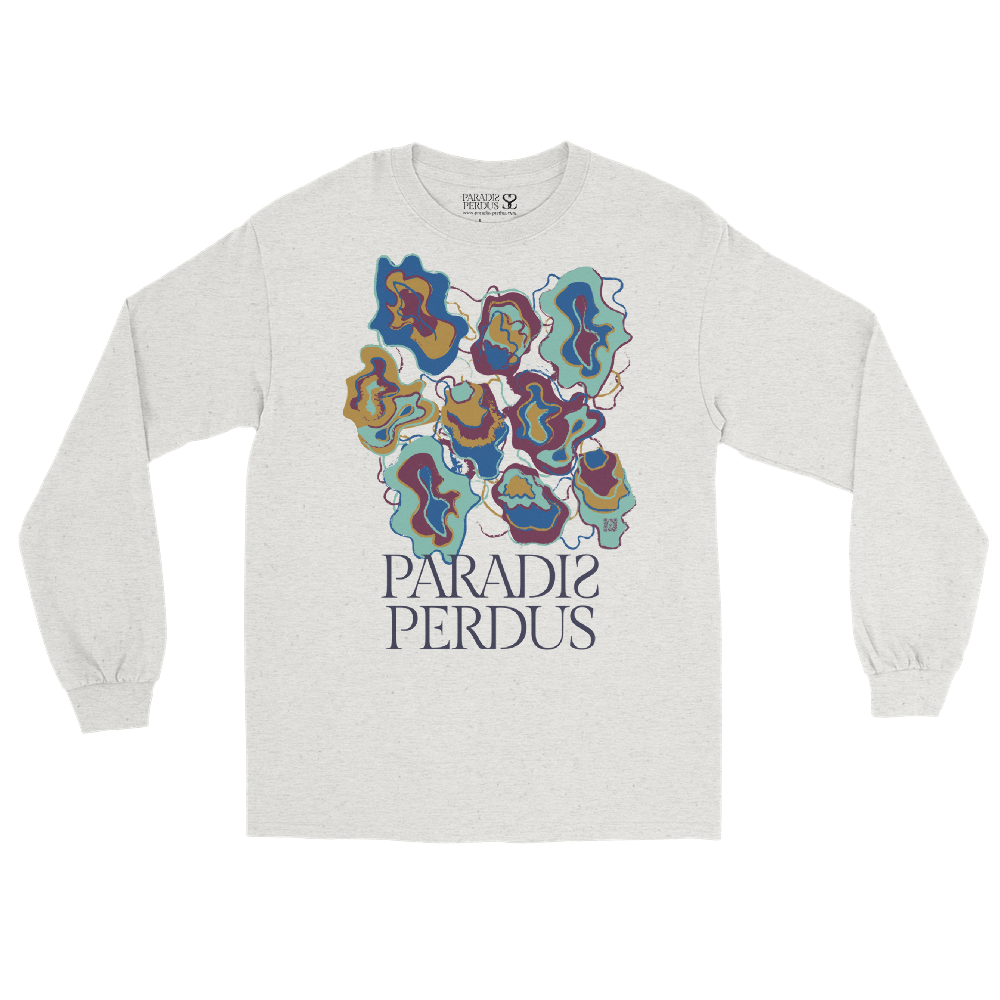 T-shirt manches longues en coton blanc intense imprimé “Sfogliatelle” de Paradis Perdus® 3 Le KRUSH workshop boutique T-shirt manches longues en coton blanc intense imprimé “Sfogliatelle” de Paradis Perdus® posé à plat devant