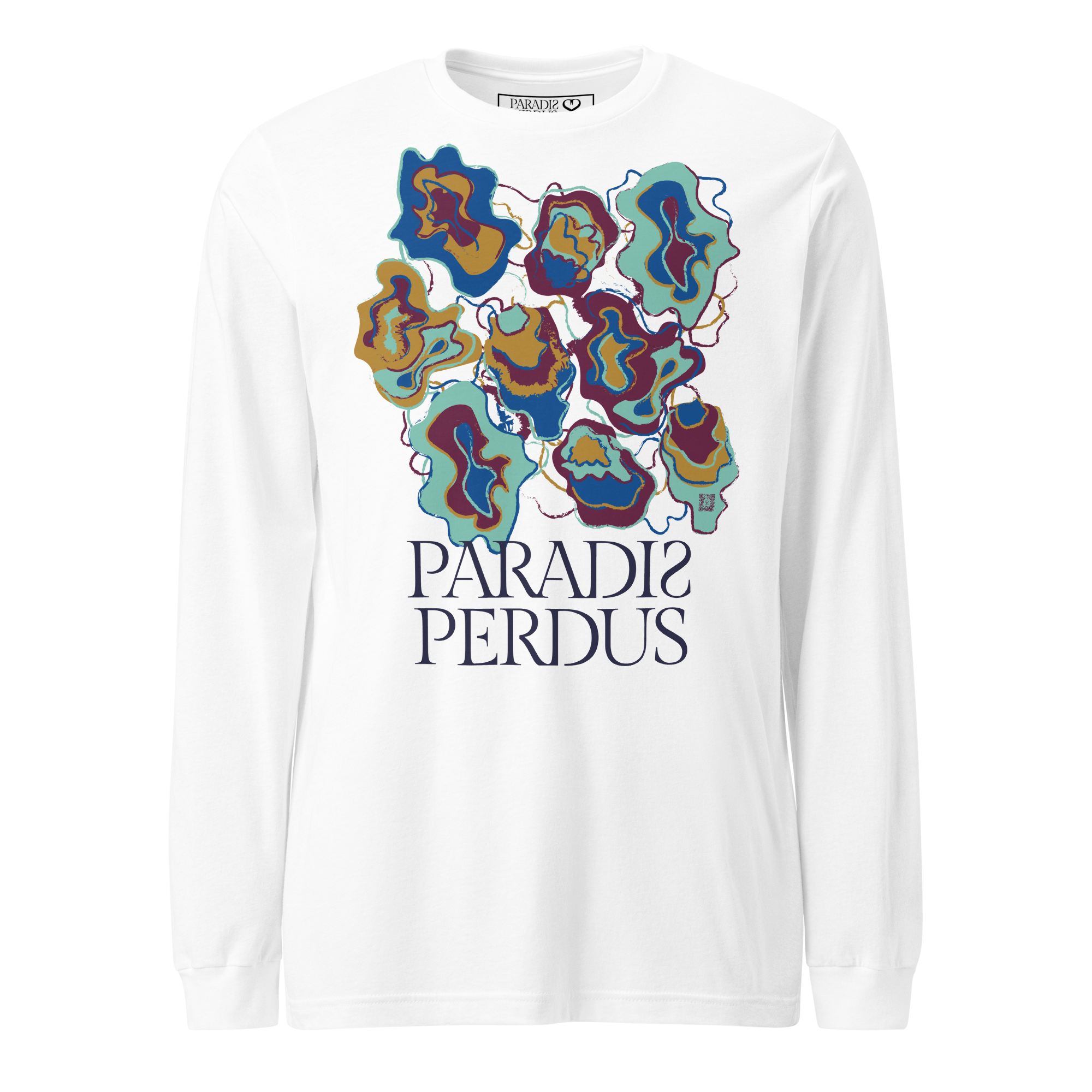 T-shirt manches longues en coton blanc intense imprimé “Sfogliatelle” de Paradis Perdus® 1 Le KRUSH workshop boutique T-shirt manches longues en coton blanc intense imprimé “Sfogliatelle” de Paradis Perdus® porté de devant