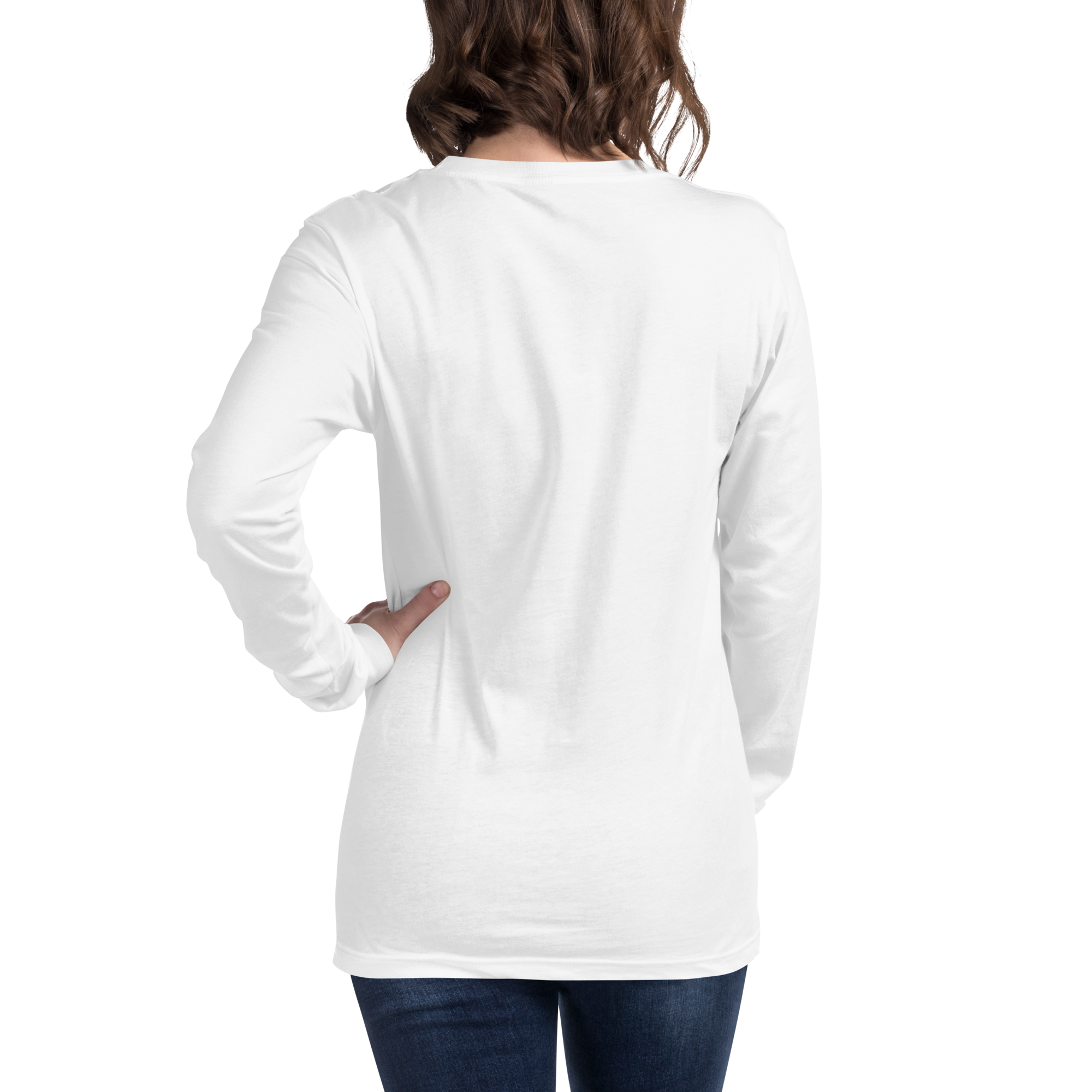 T-shirt manches longues en coton blanc intense imprimé “Sfogliatelle” de Paradis Perdus® 6 Le KRUSH workshop boutique T-shirt manches longues en coton blanc intense imprimé “Sfogliatelle” de Paradis Perdus® porté par une femme de dos