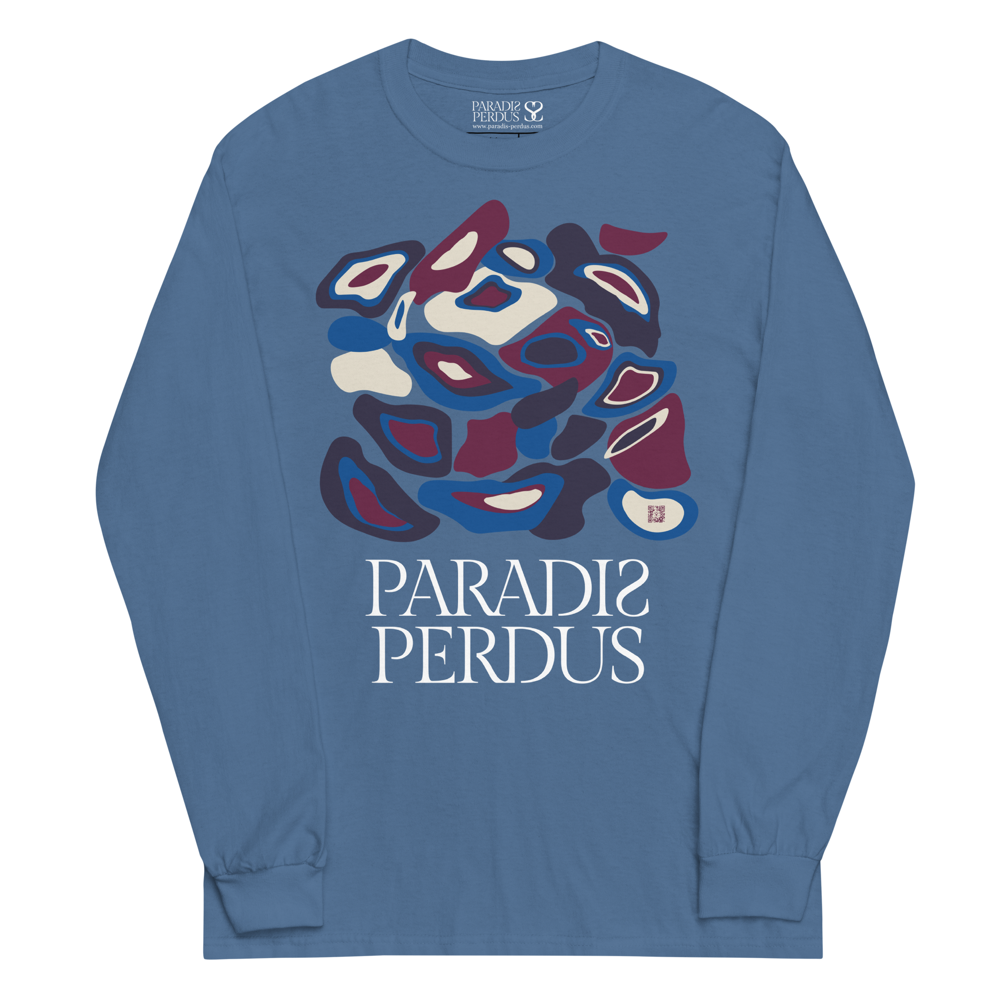 T-shirt manches longues en coton bleu bardeau imprimé “Panscro” de Paradis Perdus® 1 Le KRUSH workshop boutique T-shirt manches longues en coton bleu bardeau imprimé “Panscro” de Paradis Perdus® porté de devant