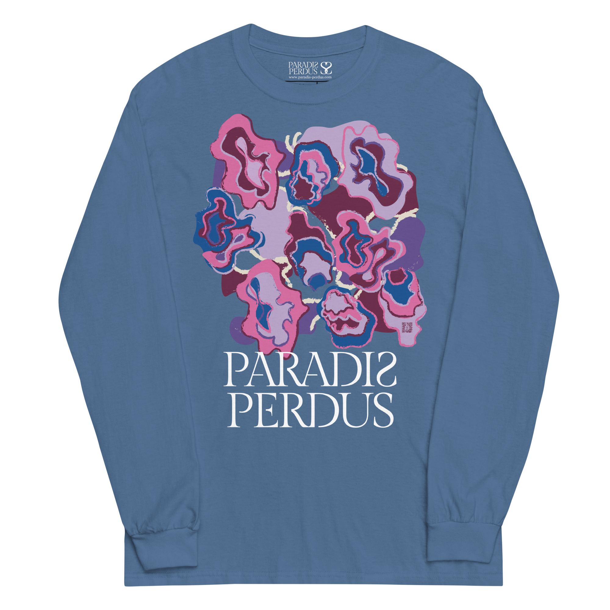T-shirt manches longues en coton bleu bardeau imprimé “Sfogliatelle” de Paradis Perdus® 1 Le KRUSH workshop boutique T-shirt manches longues en coton bleu bardeau imprimé “Sfogliatelle” de Paradis Perdus® porté de devant