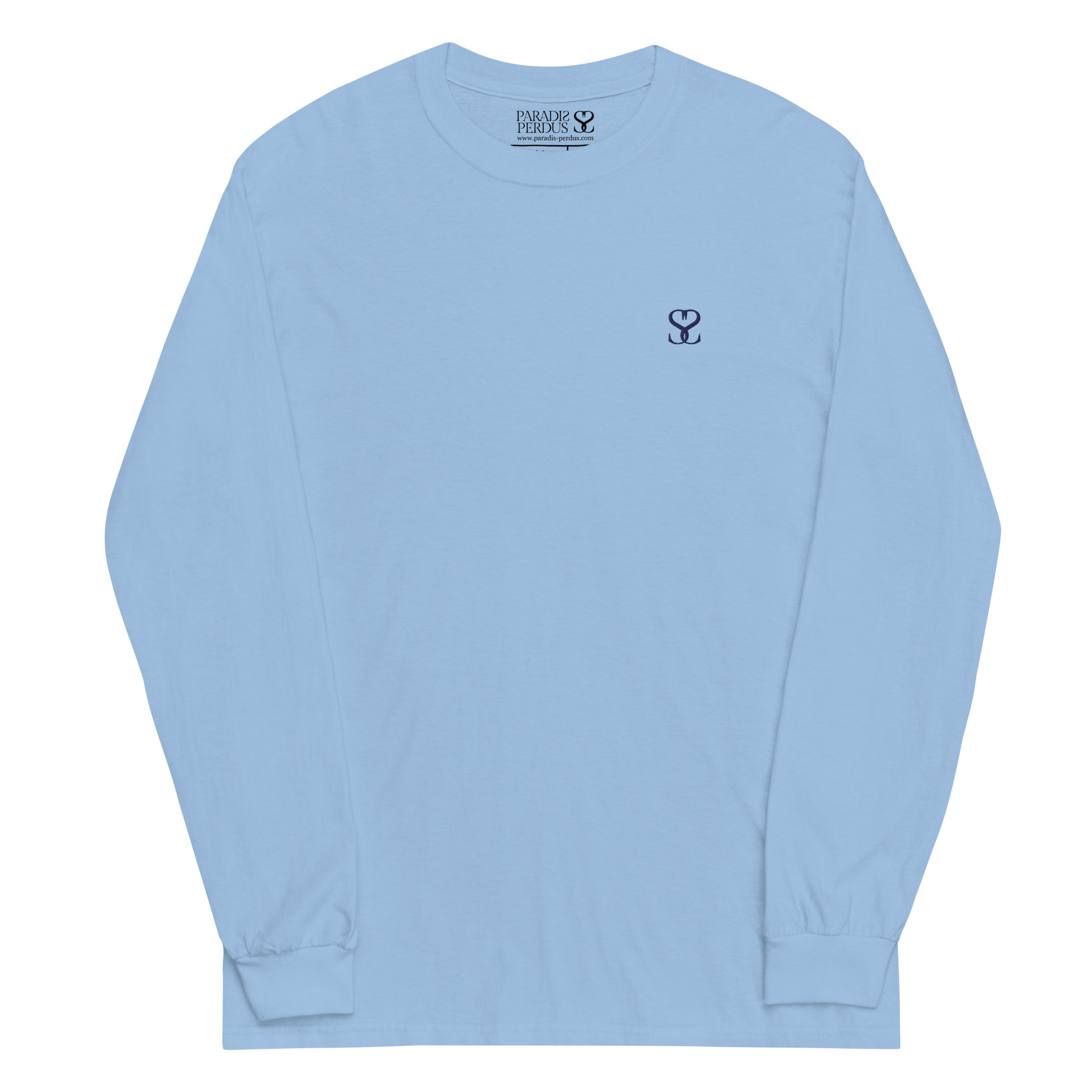 T-shirt manches longues en coton bleu ciel brodé monogramme bleu de Paradis Perdus® 1 Le KRUSH workshop boutique T-shirt manches longues en coton bleu ciel brodé du monogramme bleu marine de Paradis Perdus® porté de devant