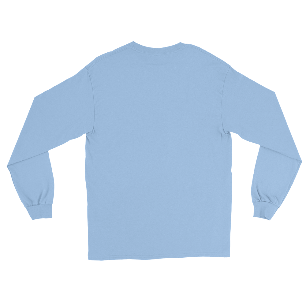 T-shirt manches longues en coton bleu ciel brodé monogramme noir de Paradis Perdus® 4 Le KRUSH workshop boutique T-shirt manches longues en coton bleu ciel brodé du monogramme noir profond de Paradis Perdus® posé à plat dos