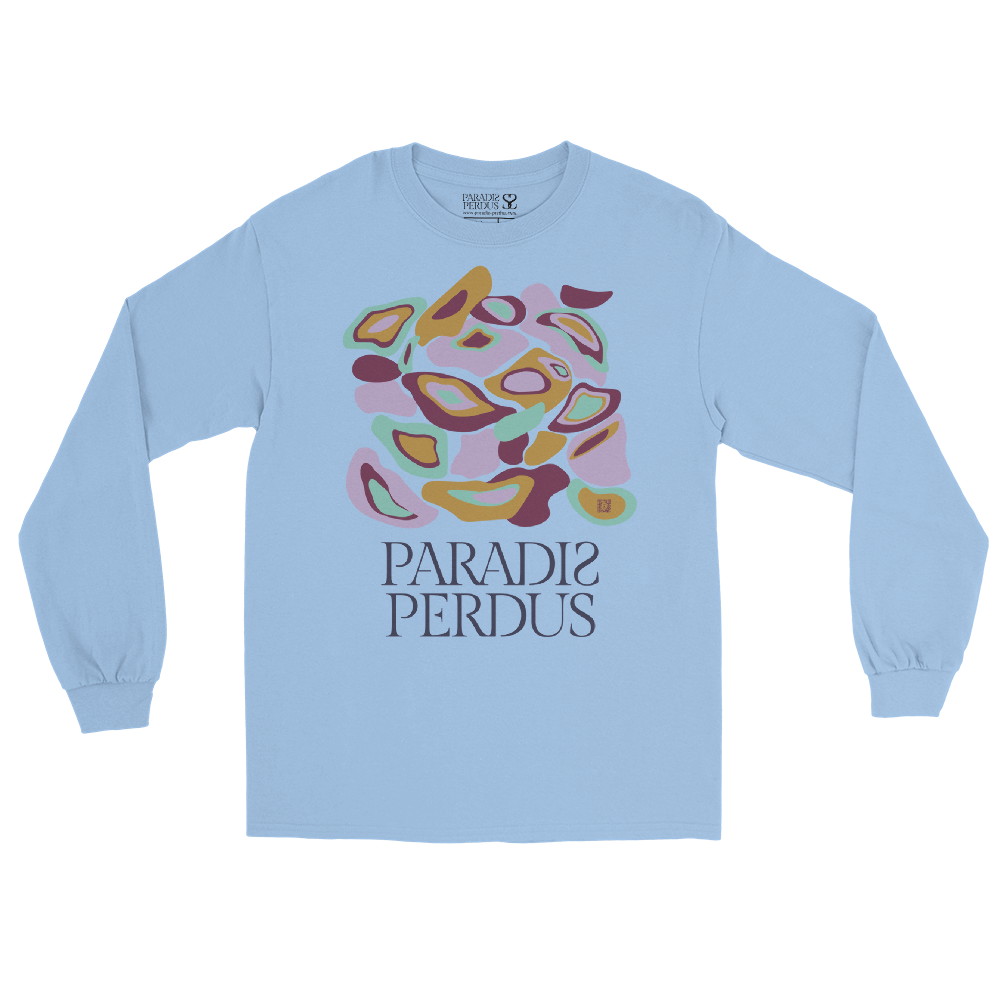 T-shirt manches longues en coton bleu ciel imprimé “Panscro” de Paradis Perdus® 3 Le KRUSH workshop boutique T-shirt manches longues en coton bleu ciel imprimé “Panscro” de Paradis Perdus® posé à plat devant
