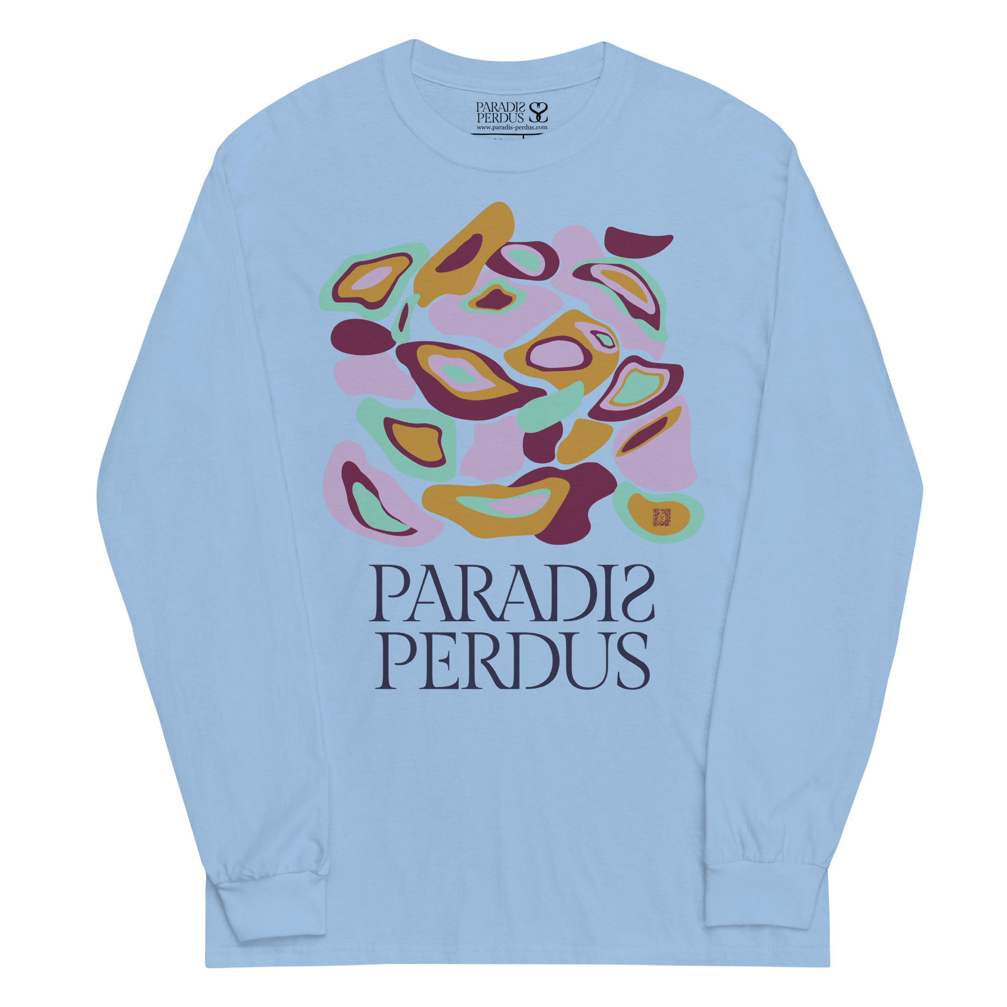 T-shirt manches longues en coton bleu ciel imprimé “Panscro” de Paradis Perdus® 1 Le KRUSH workshop boutique T-shirt manches longues en coton bleu ciel imprimé “Panscro” de Paradis Perdus® porté de devant