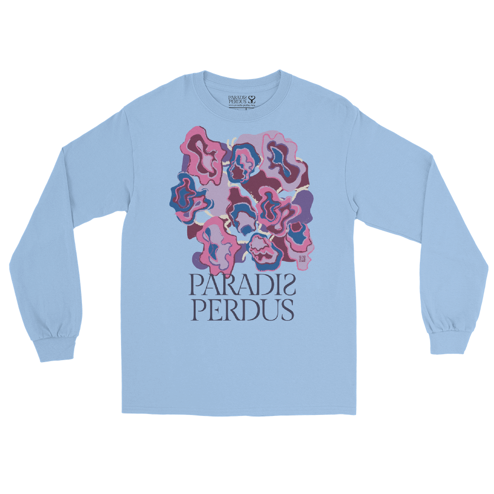 T-shirt manches longues en coton bleu ciel imprimé “Sfogliatelle” de Paradis Perdus® 3 Le KRUSH workshop boutique T-shirt manches longues en coton bleu ciel imprimé “Sfogliatelle” de Paradis Perdus® posé à plat devant
