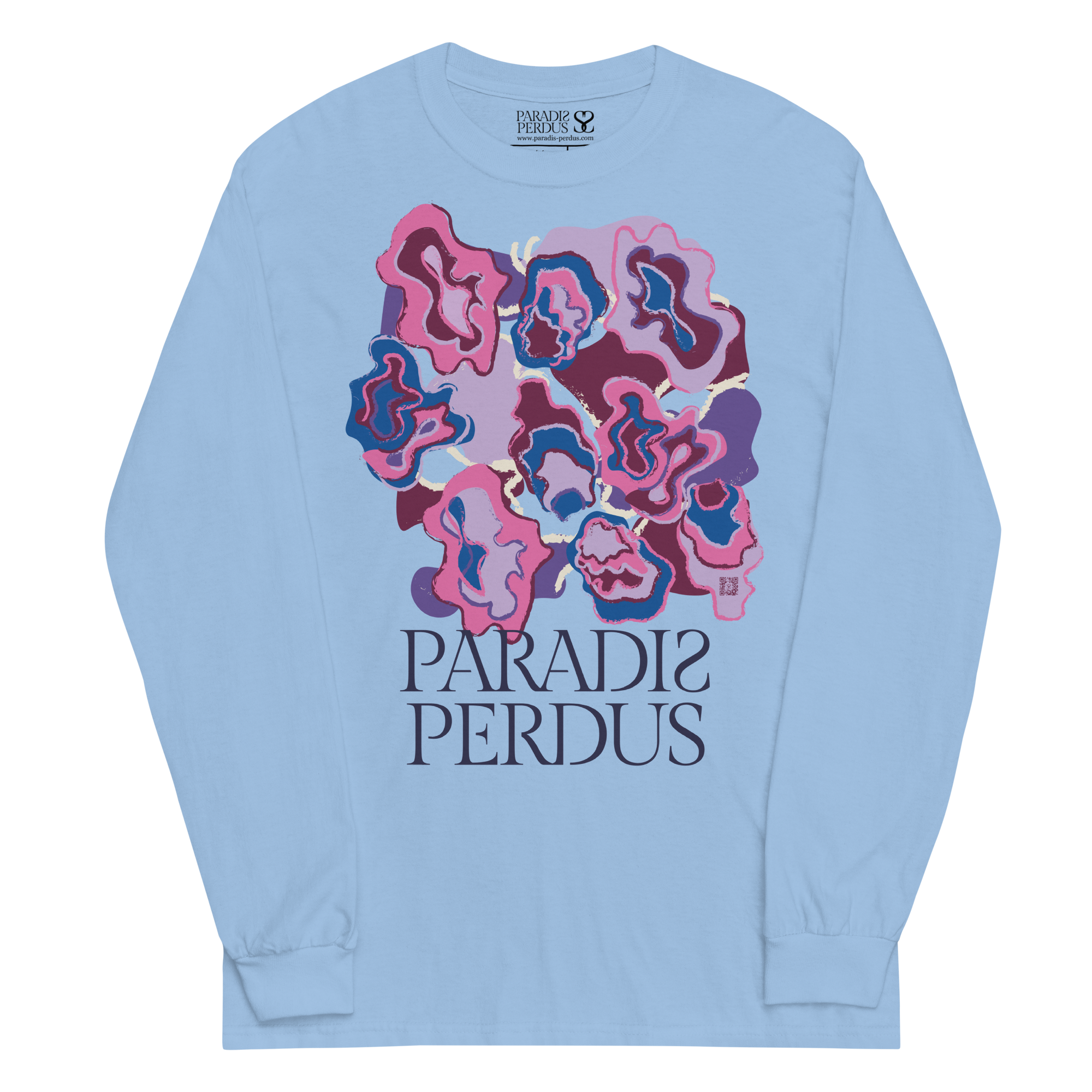 T-shirt manches longues en coton bleu ciel imprimé “Sfogliatelle” de Paradis Perdus® 1 Le KRUSH workshop boutique T-shirt manches longues en coton bleu ciel imprimé “Sfogliatelle” de Paradis Perdus® porté de devant