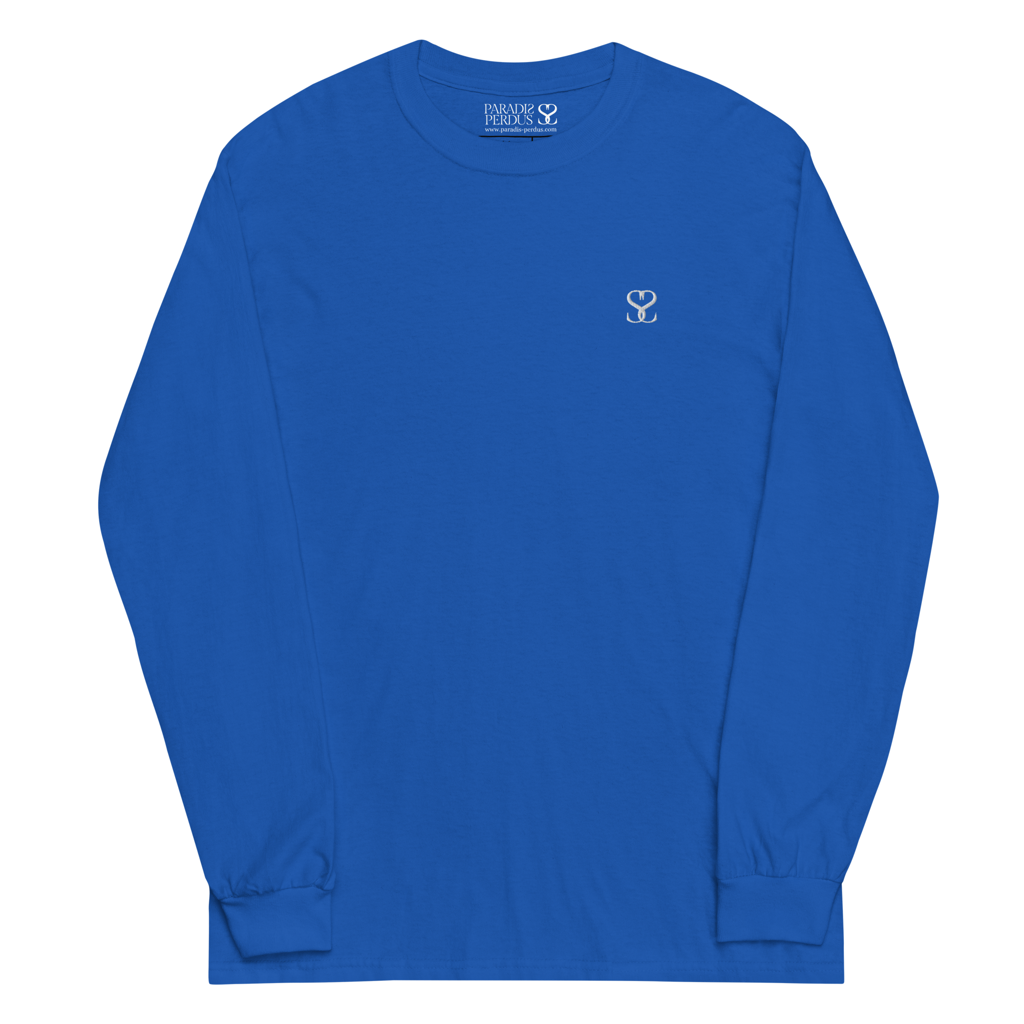 T-shirt manches longues en coton bleu outremer brodé monogramme blanc de Paradis Perdus® 3 Le KRUSH workshop boutique T-shirt manches longues en coton bleu outremer brodé du monogramme blanc intense de Paradis Perdus® posé à plat devant