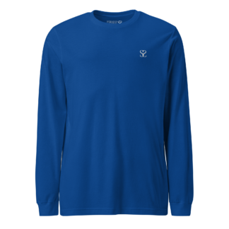 T-shirt manches longues en coton bleu outremer brodé du monogramme blanc intense de Paradis Perdus® porté de devant