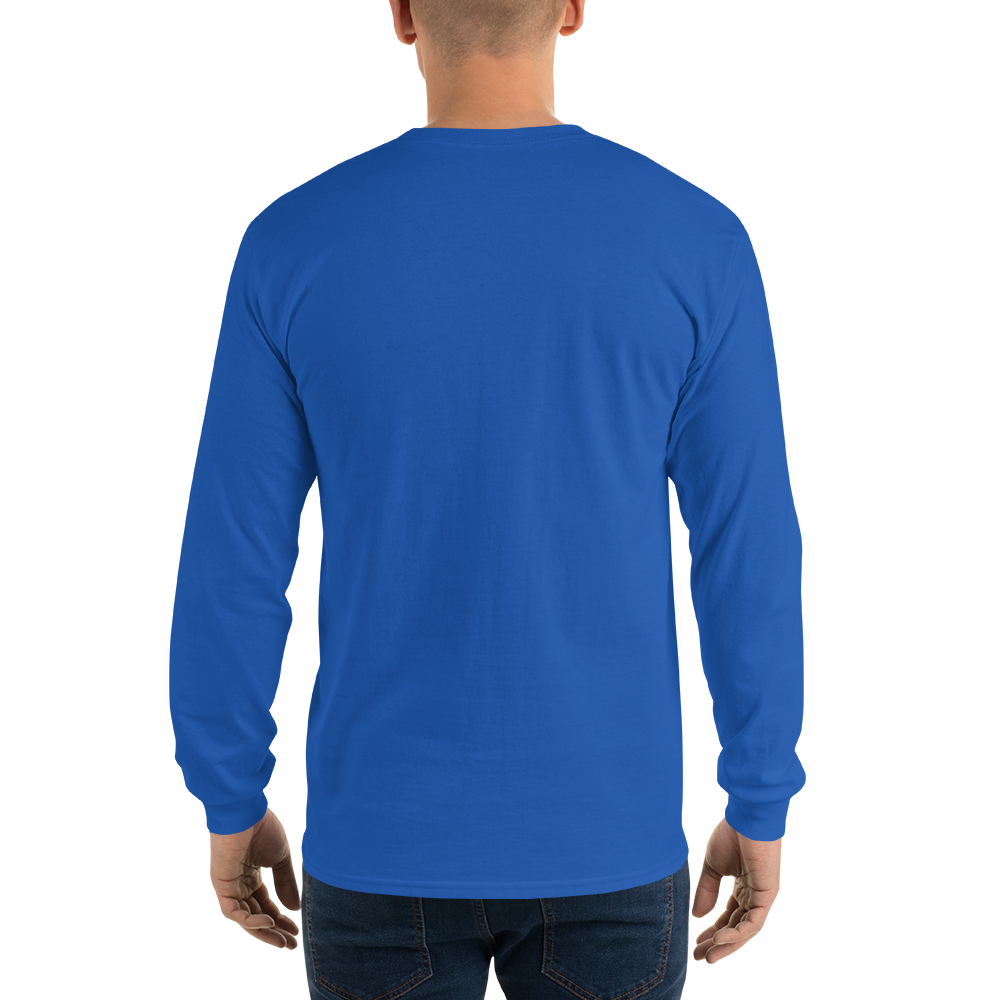 T-shirt manches longues en coton bleu outremer brodé monogramme blanc de Paradis Perdus® 6 Le KRUSH workshop boutique T-shirt manches longues en coton bleu outremer brodé du monogramme blanc intense de Paradis Perdus® porté par un homme de dos