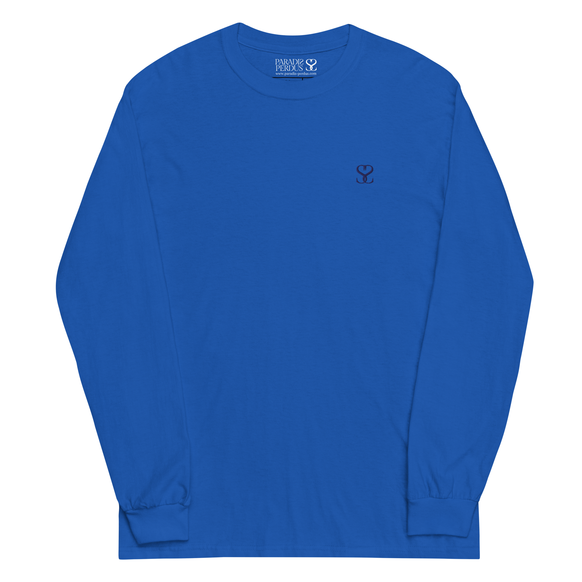 T-shirt manches longues en coton bleu outremer brodé monogramme bleu de Paradis Perdus® 3 Le KRUSH workshop boutique T-shirt manches longues en coton bleu outremer brodé du monogramme bleu marine de Paradis Perdus® posé à plat devant