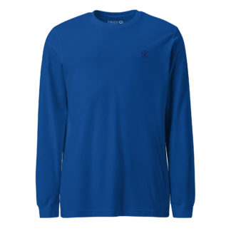T-shirt manches longues en coton bleu outremer brodé du monogramme bleu marine de Paradis Perdus® porté de devant