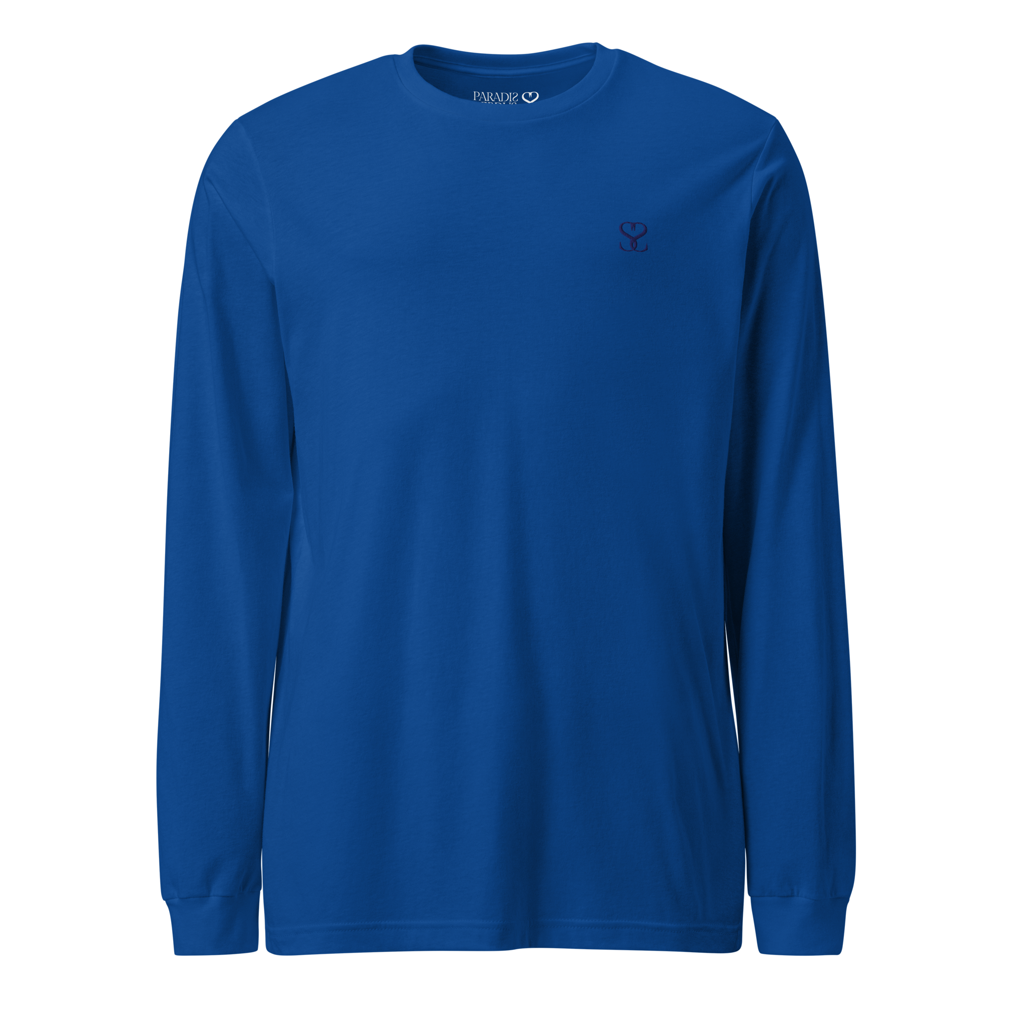 T-shirt manches longues en coton bleu outremer brodé monogramme bleu de Paradis Perdus® 1 Le KRUSH workshop boutique T-shirt manches longues en coton bleu outremer brodé du monogramme bleu marine de Paradis Perdus® porté de devant