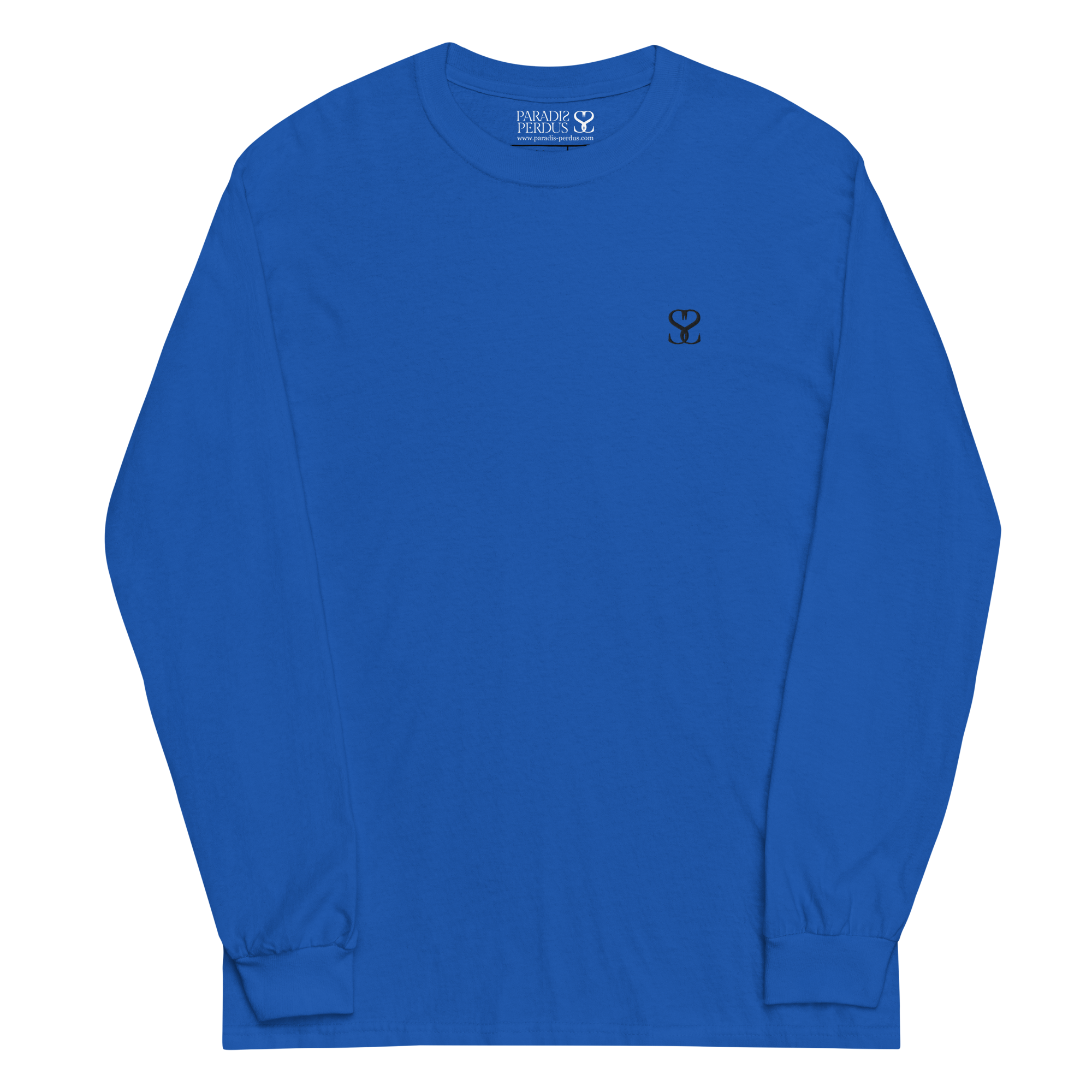 T-shirt manches longues en coton bleu outremer brodé monogramme noir de Paradis Perdus® 3 Le KRUSH workshop boutique T-shirt manches longues en coton bleu outremer brodé du monogramme noir profond de Paradis Perdus® posé à plat devant