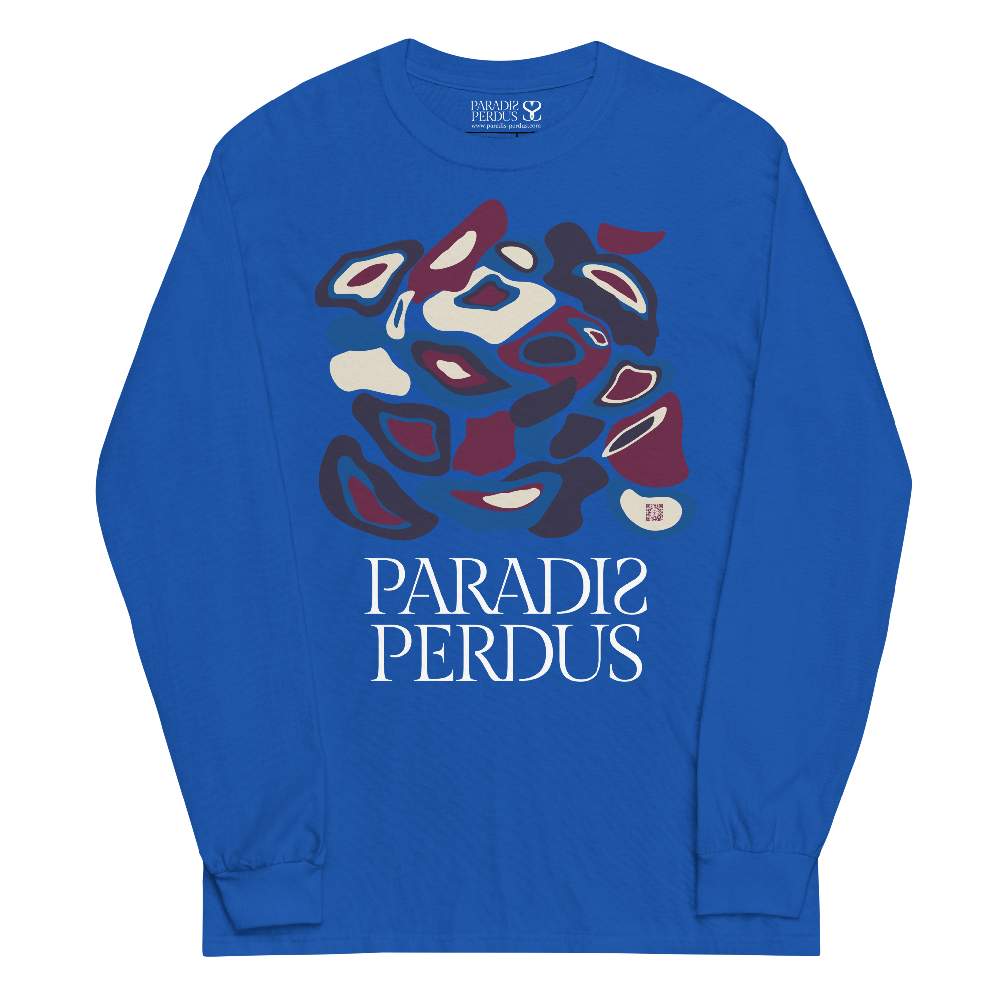 T-shirt manches longues en coton bleu outremer imprimé “Panscro” de Paradis Perdus® 3 Le KRUSH workshop boutique T-shirt manches longues en coton bleu outremer imprimé “Panscro” de Paradis Perdus® posé à plat devant