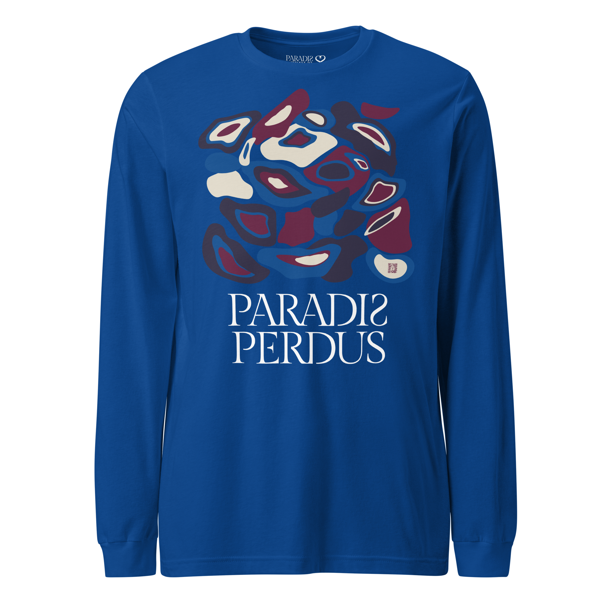 T-shirt manches longues en coton bleu outremer imprimé “Panscro” de Paradis Perdus® 1 Le KRUSH workshop boutique T-shirt manches longues en coton bleu outremer imprimé “Panscro” de Paradis Perdus® porté de devant