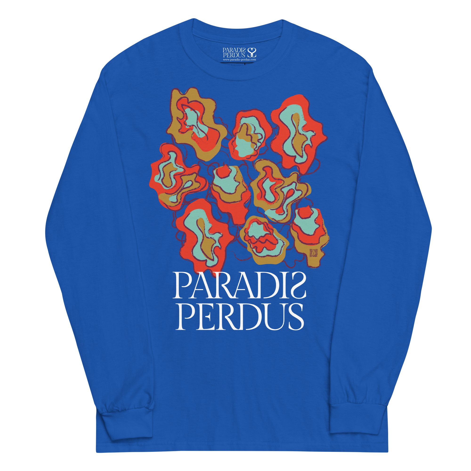 T-shirt manches longues en coton bleu outremer imprimé “Sfogliatelle” de Paradis Perdus® 3 Le KRUSH workshop boutique T-shirt manches longues en coton bleu outremer imprimé “Sfogliatelle” de Paradis Perdus® posé à plat devant