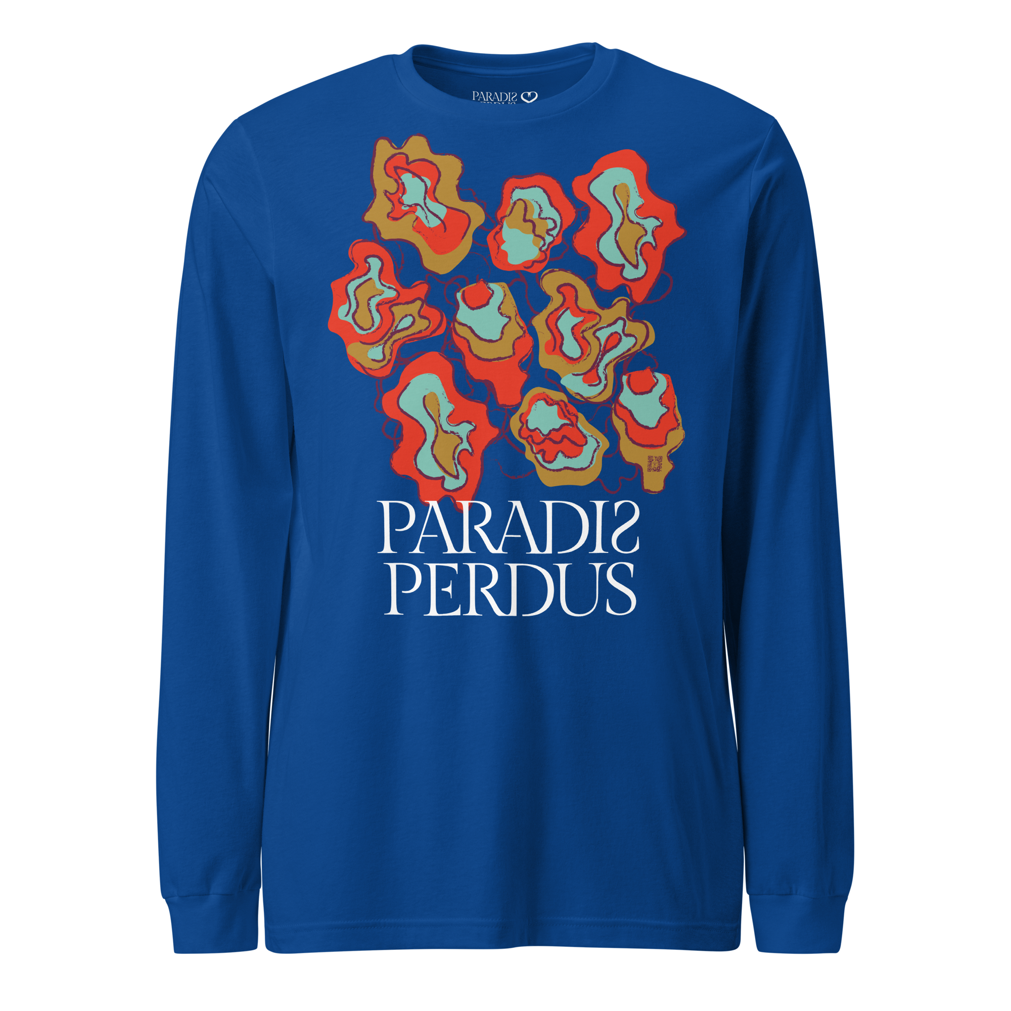 T-shirt manches longues en coton bleu outremer imprimé “Sfogliatelle” de Paradis Perdus® 1 Le KRUSH workshop boutique T-shirt manches longues en coton bleu outremer imprimé “Sfogliatelle” de Paradis Perdus® porté de devant