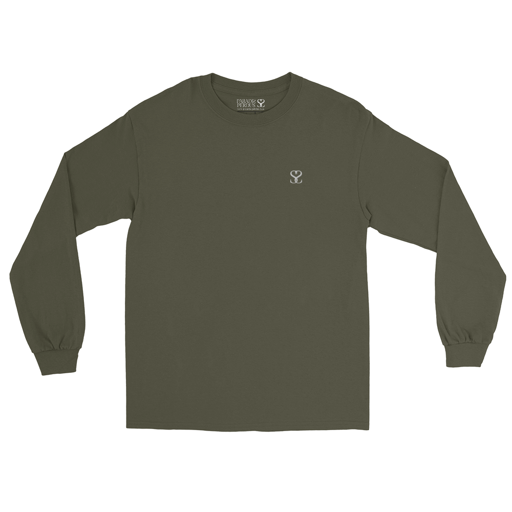 T-shirt manches longues en coton kaki army brodé monogramme blanc de Paradis Perdus® 3 Le KRUSH workshop boutique T-shirt manches longues en coton kaki army brodé du monogramme blanc intense de Paradis Perdus® posé à plat devant