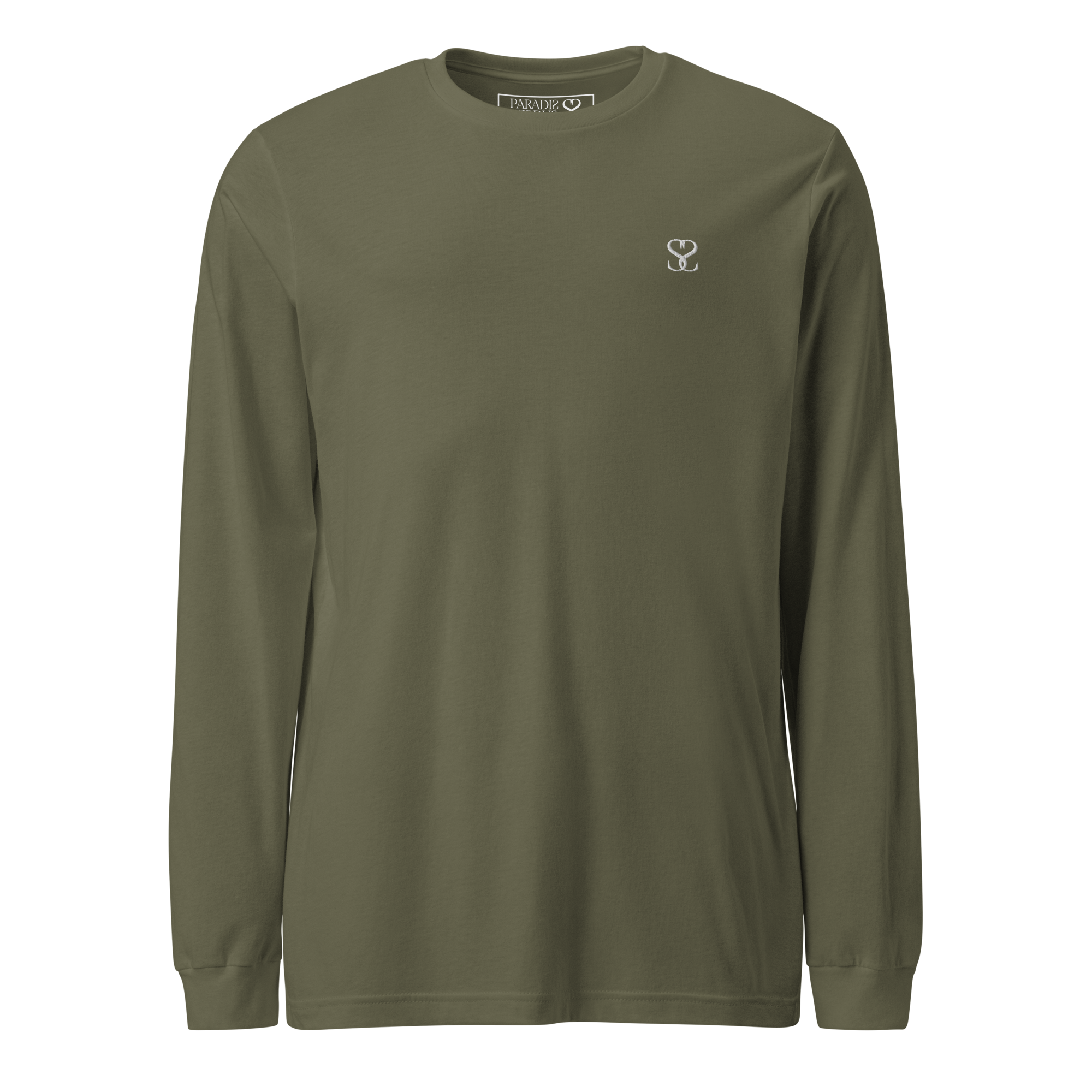 T-shirt manches longues en coton kaki army brodé monogramme blanc de Paradis Perdus® 1 Le KRUSH workshop boutique T-shirt manches longues en coton kaki army brodé du monogramme blanc intense de Paradis Perdus® porté de devant