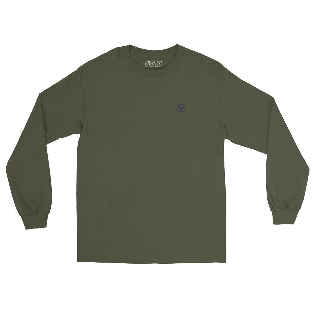 T-shirt manches longues en coton kaki army brodé monogramme bleu de Paradis Perdus® 3 Le KRUSH workshop boutique T-shirt manches longues en coton kaki army brodé du monogramme bleu marine de Paradis Perdus® posé à plat devant