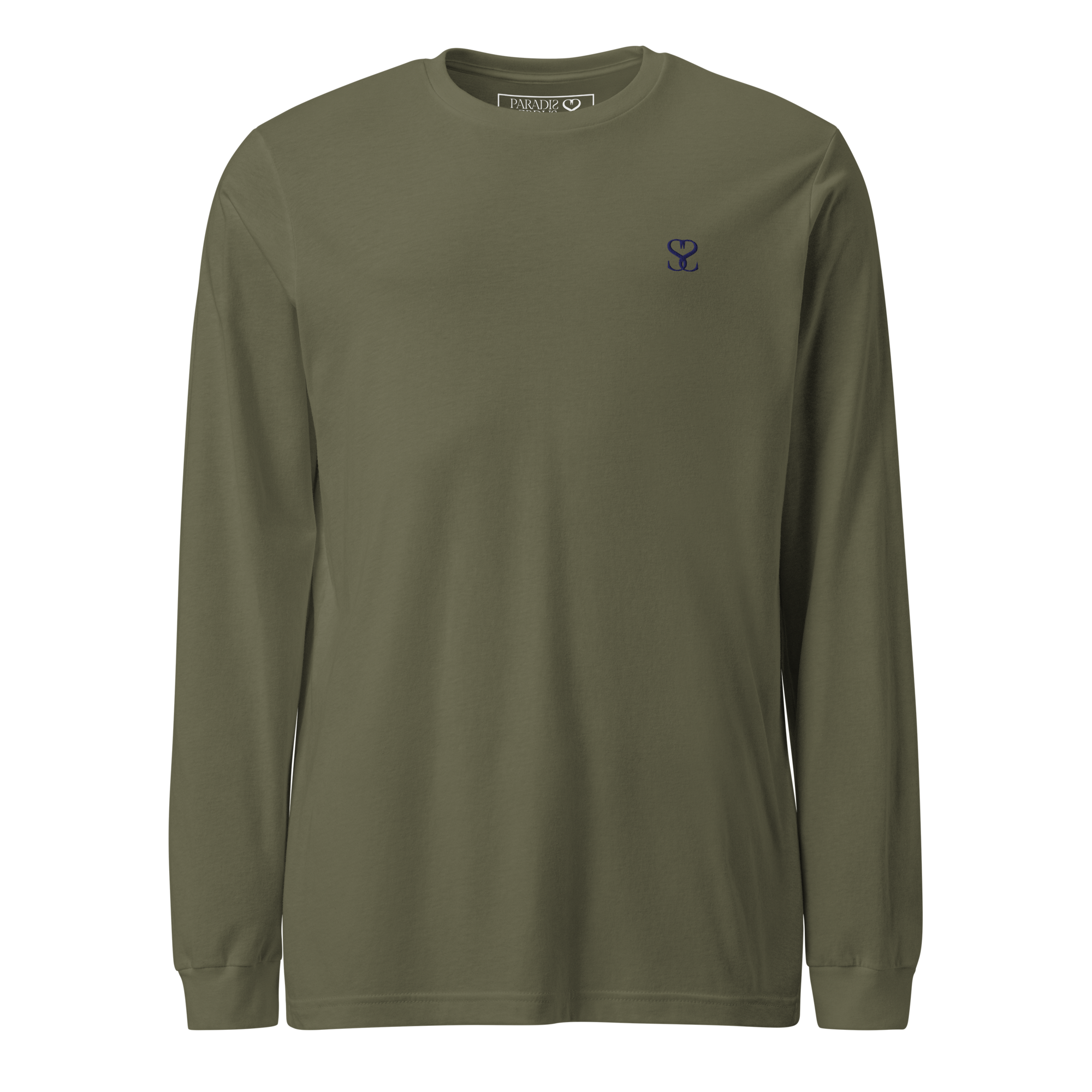 T-shirt manches longues en coton kaki army brodé monogramme bleu de Paradis Perdus® 1 Le KRUSH workshop boutique T-shirt manches longues en coton blanc intense brodé du monogramme kaki army de Paradis Perdus® porté de devant