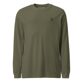 T-shirt manches longues en coton kaki army brodé du monogramme noir profond de Paradis Perdus® porté de devant