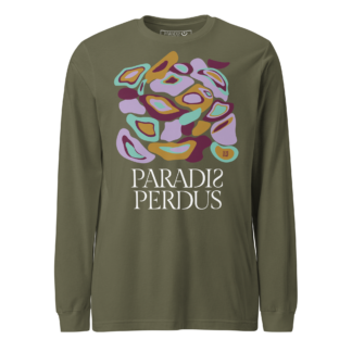 T-shirt manches longues en coton kaki army imprimé “Panscro” de Paradis Perdus® porté de devant